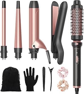 5 in 1 Curling Iron Set with Thermal Brush and 4 Interchangeable Ceramic Curling Wands (0.5'-1.25'), Instant Heat Up Hair Curling Iron, Rose Gold