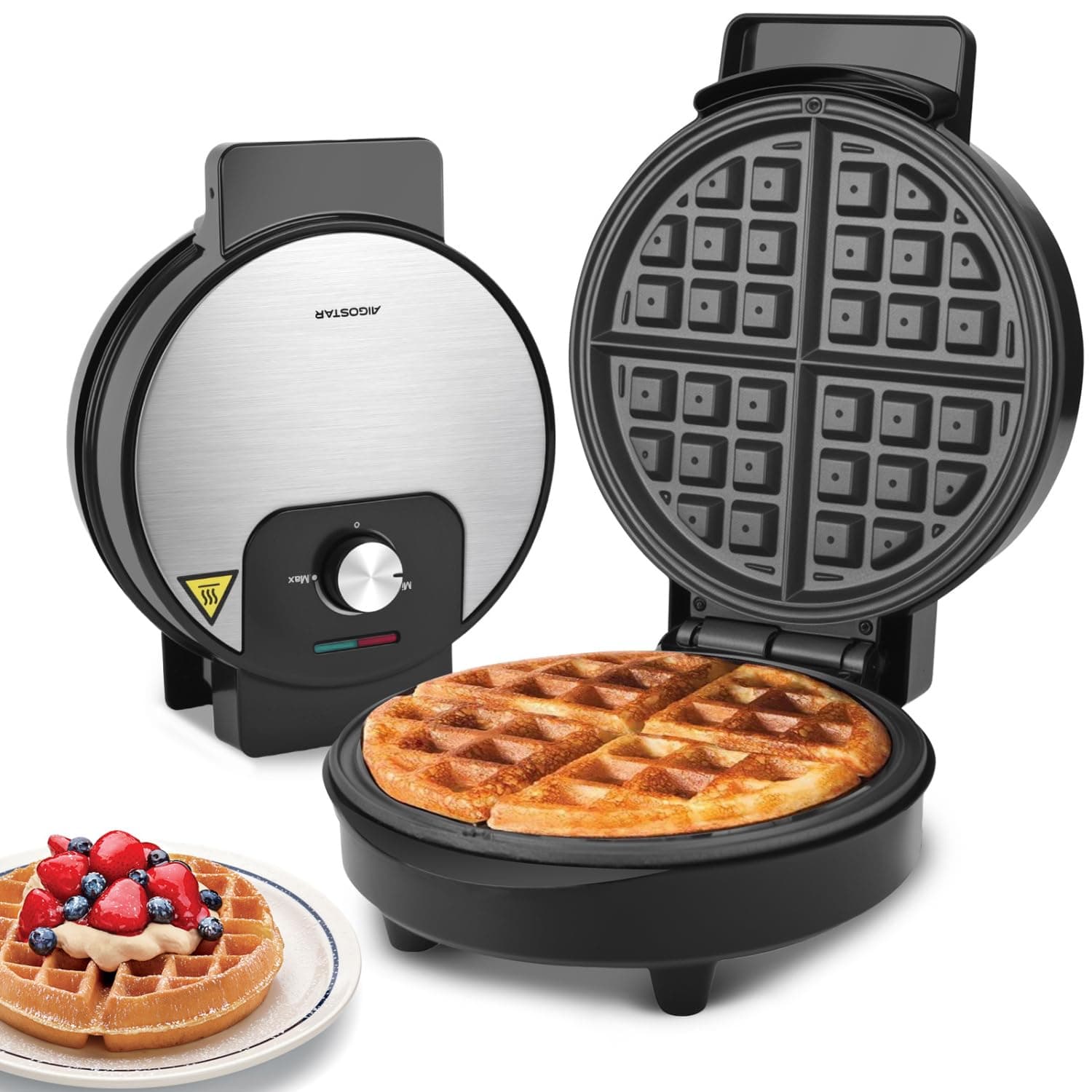 Aigostar Round Waffle Maker with Adjustable Temperature Control, Non Stick Deep Fill Waffle Iron, Belgian & American Waffle Machine, Cool Touch Handle, 1000W, Stainless Steel - Crunchy