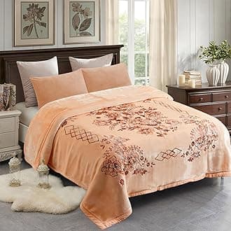 Korean Faux Mink Fleece Blanket Heavy King, 87" x 94", 11 lbs, Soft Plush Raschel Fleece Blanket - Cozy Thick Warm for Winter, 2 Ply, A&B Printed, 1 Side Embossed (Flowers Branches Beige)