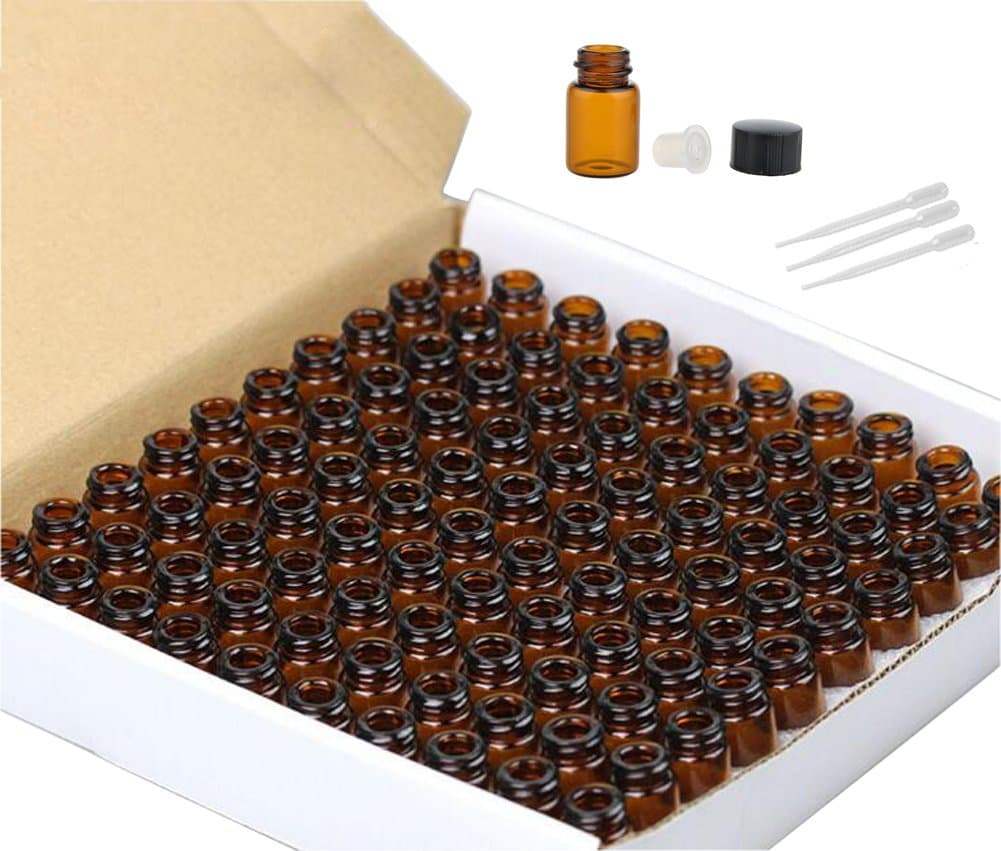 100 Pcs,Amber Glass Vials 2ml(5/8 Dram) Mini Essential Oil Bottle Portable Travel Aromatherapy Liquid Perfume Sample Bottles with Orifice Reducer and Black Cap,free dropper included
