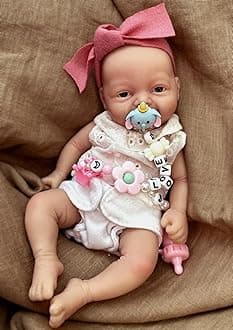 MYREBABY Lifelike Reborn Baby Doll - 7" Mini Full Platinum Silicone Realistic Newborn Baby Doll, Non-Vinyl Doll, Washable Reality Doll Baby with Feeding Kit & Gift Box-Girl