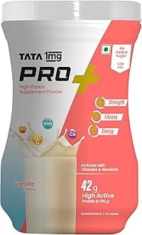 Tata 1mg Pro+ Soy Protein Supplement Powder- High Protein for Muscle & Bone Strength, Overall Fitness, and Energy with 23 essential nutrients,Low Fat & No Added Sugar,Vanilla Flavour
