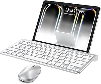 OMOTON Bluetooth Keyboard and Mouse Set Compatible with all iPad Series. With Foldable Bracket, Light and Easy to Carry, Suitable for Business Travel/Home/Office, Silver
