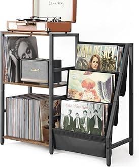 Bikoney Record Player Stand with 3-Tier Vinyl Record Storage for Up to 200 Albums, End Table for Living Room