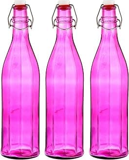 MACHAK Colhexa Glass Bottles With Cork 1litre, Kitchen Decoration (Purple, 3 Pcs)