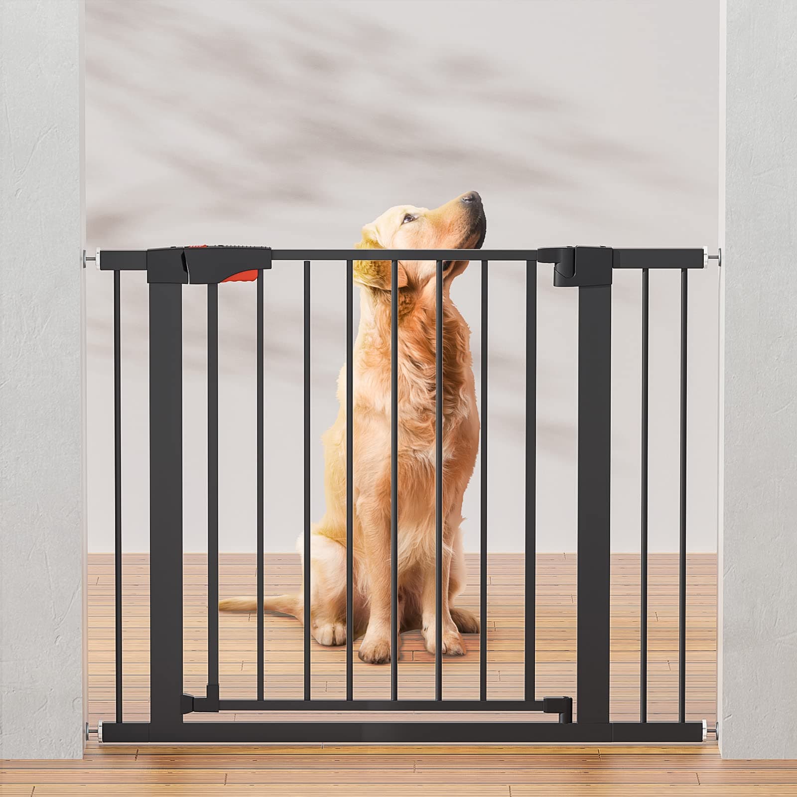 Decormax Dog Gate,Auto-Close Pet Gate with Walk Through Door，Pet Gate for Stairs and Doorways，30''Hx29.5''-40.5''WPressure Mounted（Black）