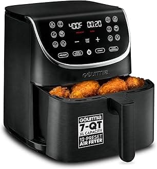 Gourmia Air Fryer - 7 Qt Large Capacity with LED Display, 12 One-Touch Presets, FryForce 360° Technology, Nonstick Dishwasher-Safe Basket & Crisper Tray, Black