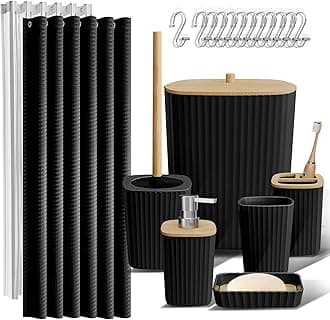 Clara Clark Bathroom Accessories Set - Bathroom Accessory Set with Shower Curtain Set, Toilet Brush, Trash Can & Soap Dispenser (Black, Complete Set)