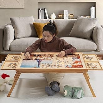 TEAKMAMA 1500 Piece Wooden Jigsaw Puzzle Board with 4 Drawers, Folding Puzzle Table with Protective Cover, Jigsaw Board with Legs, Multifunctional Game Table for Adults, 34W x 26.3D, Natural