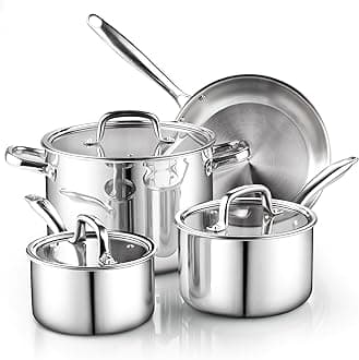 Cook N Home 7-Piece Tri-Ply Clad Stainless Steel Cookware Set, Pots and Pans Kitchen Set with Tempered Glass Lids, Induction-Ready, Dishwasher-Safe, Silver