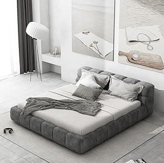 Modern Fabric Upholstered Bed Frame – Queen/King Size with Grey Square Headboard (No Mattress (Grey, 140x200cm)