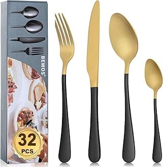 BEWOS32 Pieces Gold and Black Cutlery Set for 8, Food Grade Stainless Steel Tableware Includes Forks, Steak Knives and Spoons, Dishwasher Safe, Silverware Set, Upgraded Mattgold Colorful Design