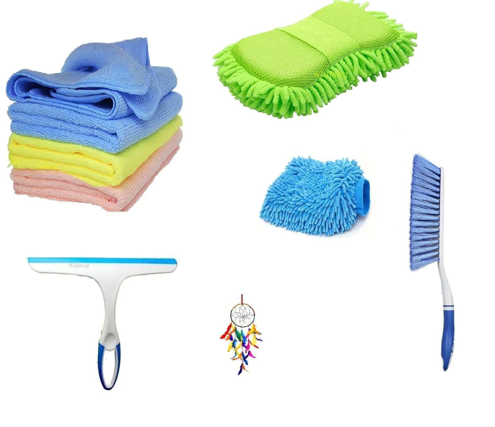 Winberg ® Car Cleaning Combo Pack Microfiber Towel 3 pcs 1 Carpet Brush 1 Washing Scurb Microfibre Gloves full Interior and Exterior Cleaning Kit - CarCLNG06