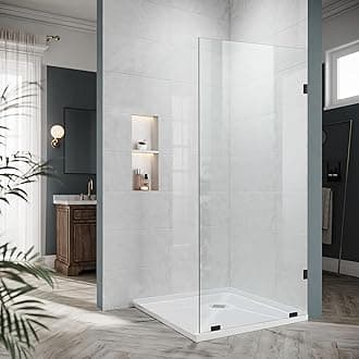Bathroom Shower Glass Door, 34"" W×74"" H Fixed Frameless Shower Glass Door with Clamps, 5/16""(8mm) Thick Clear Tempered Glass Door for Walk-in Shower, Matte Black