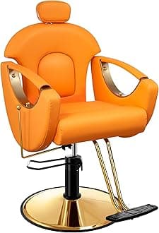 Baasha Gold Styling Ergonomic Reclining Hair Salon Chair, Orange, 360 Degree Swivel, Heavy Duty, Removable Headrest