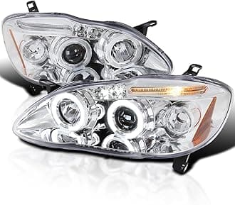 Dual Halo LED Chrome Housing Clear Lens Projector Headlights Compatible with 2003-2008 Toyota Corolla, Left + Right Pair Headlamps Assembly