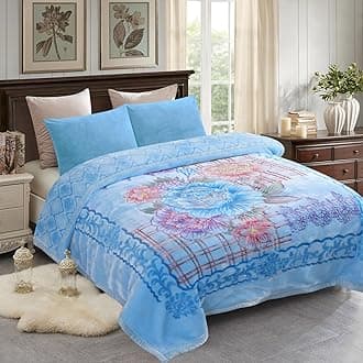 JML Plush Fleece Blanket 87" x 94", 10.5 Pounds Korean Style Mink Blanket King Size for Winter - Soft and Warm, 2 Ply A&B Printed Embossed Raschel Bed Blanket (Blue Flowers)
