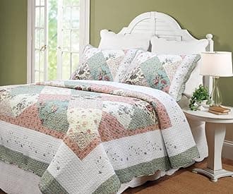 Floral Real Patchwork Green Peach Scalloped Edge Country 100% Cotton Quilt Bedding Set, Reversible Coverlet Bedspread (Celia, King - 3 Piece)