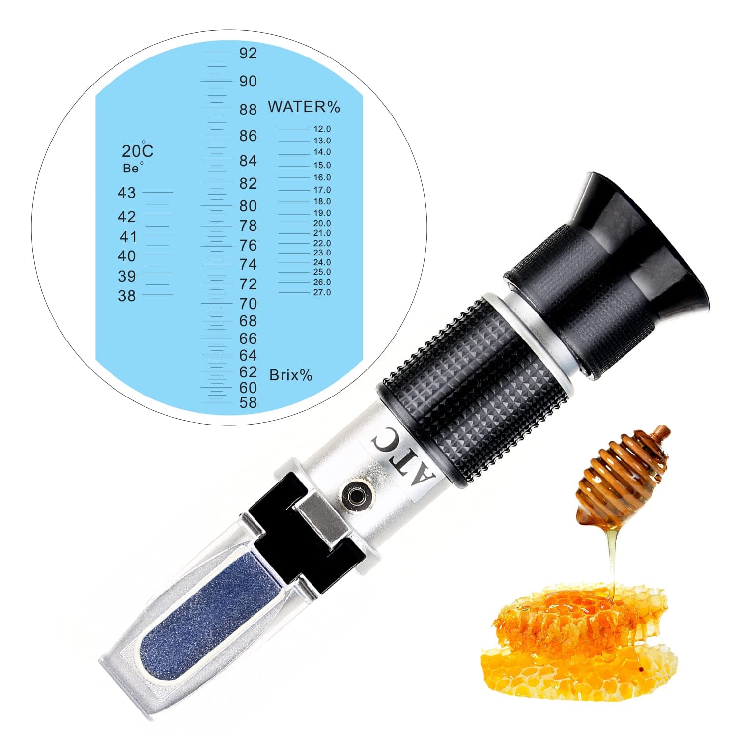 Brix Refractometer Meter, Triple Scale Honey Tester (Water Content: 12-27%, Brix: 58-90%, Be': 38-43), Handheld Honey Refractometer for Honey, Maple Syrup, Molasses & Bee Keeping