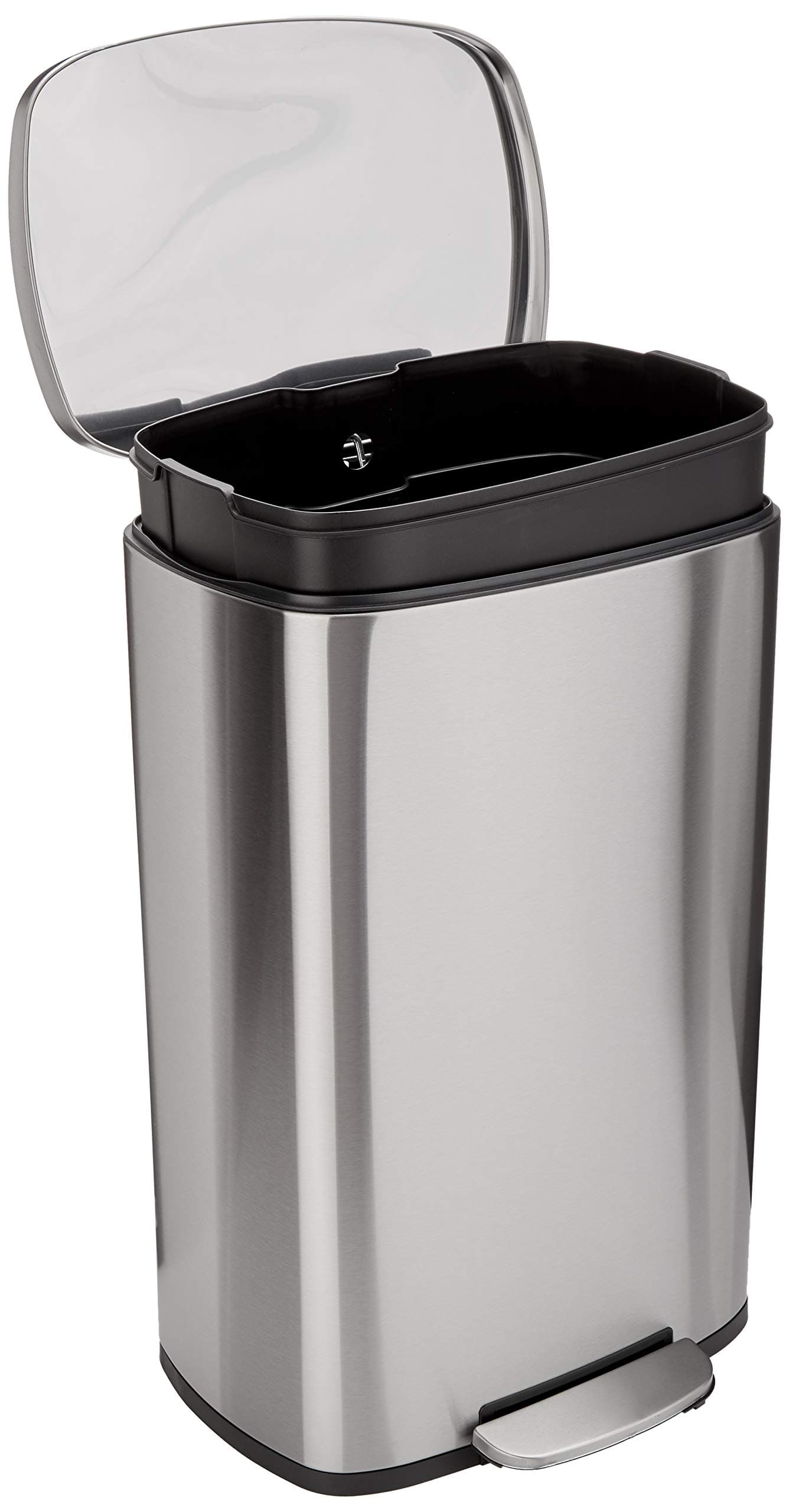 Amazon Basics Smudge Resistant Rectangular Trash Can with Soft-Close Lid, Foot Pedal, Removable Inner Bucket, 50 Liter/13.2 Gallon, Brushed Stainless Steel, Satin Nickel Finish