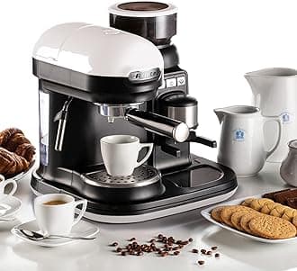 Ariete 1318W Moderna Espresso Machine, 15 Bar Pressure Pump, Barista Style Coffee Maker with Built in Grinder & Milk Frother, Ideal for Cappuccinos & Lattes, 0.8 liters, White