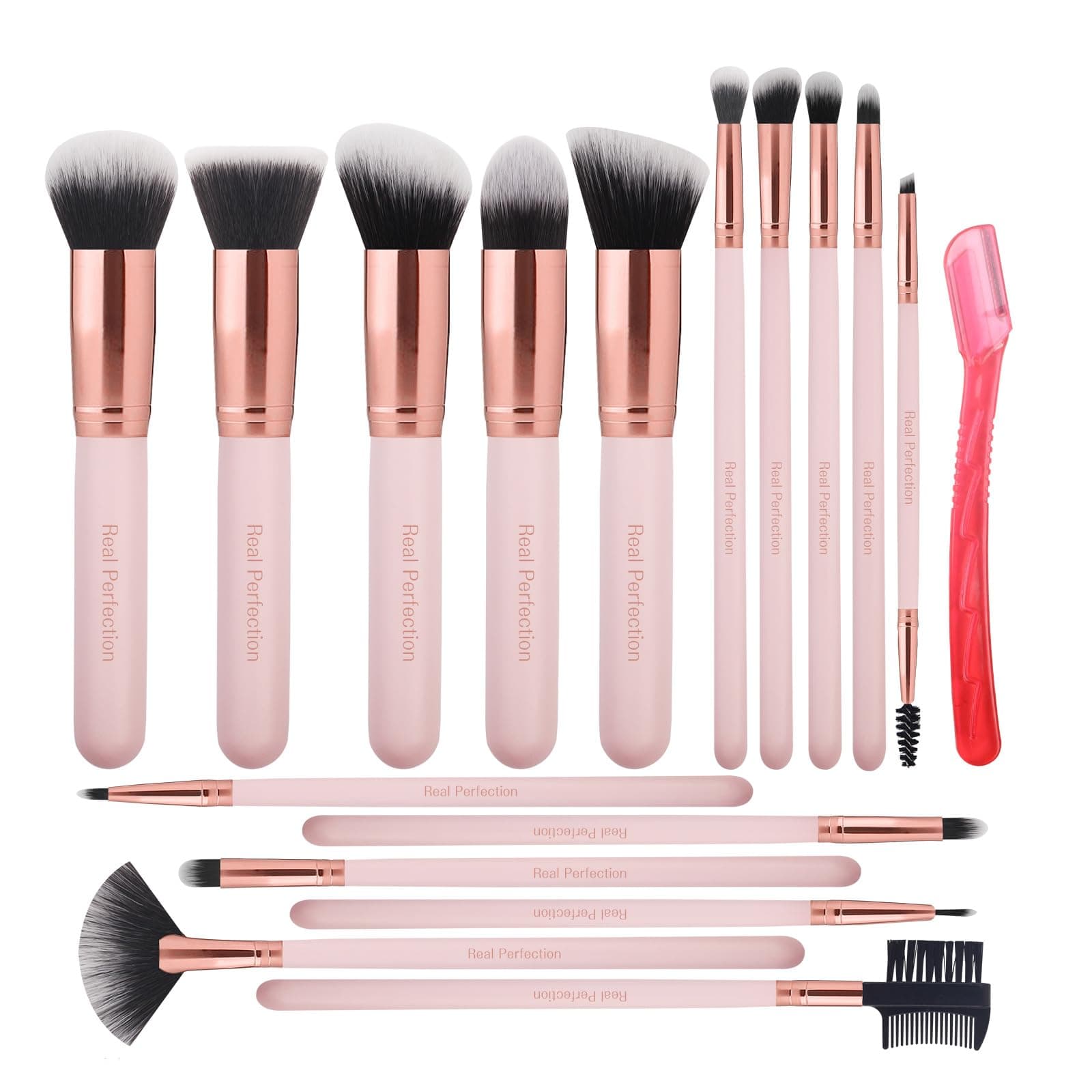 Real Perfection Makeup Brushes 16pcs Makeup Brushes Set with 1 Eyebrow Razor Premium Synthetic Foundation Brushes Blending Face Powder Eye Shadow Concealer Make Up Brushes Tool Kit