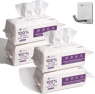 100% Cotton Disposable Face Towels 240 Count, Soft Cotton Tissue for Sensitive Skin, Makeup Remover Dry Wipes, Lint Free Facial Cleansing Cloths for Baby & Adult, Hanging Bag
