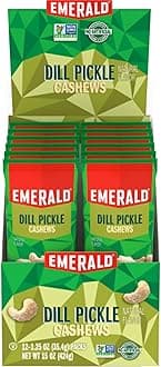 Emerald Nuts Dill Pickle Seasoned Cashews 12 Ct (1-Pack), 1.25 Oz Individual Snack Tubes, Plant-Based Protein, Kosher Certified, Non-GMO, Contains No Artificial Preservatives, Flavors or Synthetic Colors