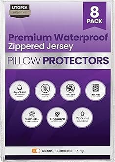 Utopia Bedding Waterproof Zippered Pillow Protectors Queen Size (20x28 Inches, White, 8-Pack), Premium Hotel Quality Pillowcase Covers, Machine Washable Pillow Encasements