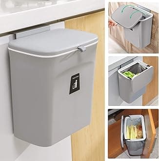 2.4 Gallon Kitchen Compost Bin for Counter Top or Under Sink, Hanging Small Trash Can with Lid for Cupboard/Bathroom/Bedroom/Office/Camping, Mountable Indoor Compost Bucket, Gray