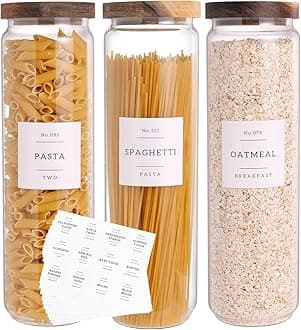 3 Set Acacia Airtight Pantry Storage Jars - 50oz Thicken Glass Kitchen Canisters with 132 Labels - Tall Food Storage Containers with Wood Lid for Pasta, Spaghetti, Cereal