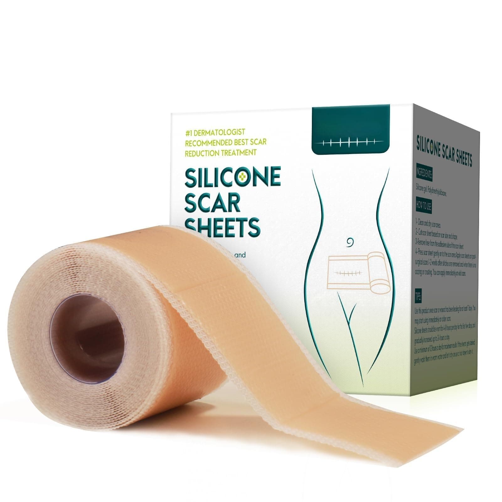 Silicone Scar Sheets (1.6” x 60” Roll-1.5M), Silicone Scar Tape Roll, Scar Silicone Strips, Reusable, Professional Scar Removal Sheets for C-Section, Surgery, Burn, Keloid, Acne et