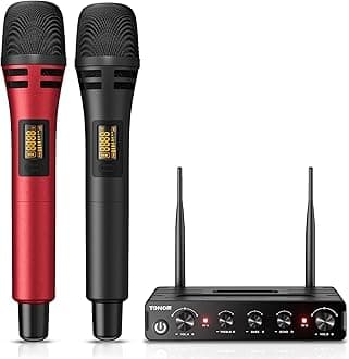 TONOR TW350 Wireless Microphones for Singing,UHF Handheld Dynamic Karaoke Mics& Receiver for Devices with XLR&6.35mm Audio Interfaz, 60 m for Karaoke, Wedding, DJ, Party, Church, TW350 Black&Red