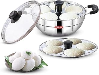 PANCA Stainless Steel Idli Maker 2 Plates With Glass Lid, Makes 10 Idli, Premium Idli Cooker, Multipurpose Kadai For Cooking And Serving, Idli Pot With Glass Lid (10 IDLI), 25000 Millilitre