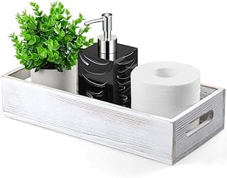 ALELION Rusitc White Bathroom Basket - 14 Inch Wooden Toilet Tank Paper Basket with Handle for Organizing - Back of Toilet Storage Organizer - Modern Farmhouse Bathroom Decor Box