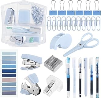 Mini Office Supply Kit Include Stapler Tape Dispenser Staple Remover Paper Clip Scissor Staple Pen Sharpener Note Small Telescopic Knife for Office Back to School Supplies Student Clerk(Blue)