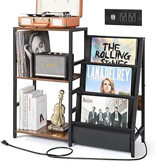 Bikoney Record Player Stand with Power Outlet, Turntable Stand with 3-Tier Vinyl Record Storage, Record Player Table Up to 200 Albums, Records Shelf, Vinyl Record Holder Cabinet for Living Room