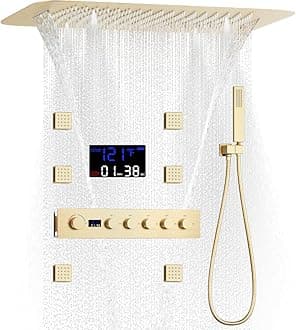 AYIVG Brushed Gold Digital Display Shower System Multi Functions Full Body Shower System 16 * 24 Inches Shower Fixtures Set with 5 Function LCD Display Thermostatic Shower Valve