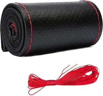 Micro Fiber Leather Steering Wheel Cover, DIY Sewing with Needle & Thread, Breathable Anti-Slip Car Steering Wheel Protector, Universal 15 Inch Auto Steering Wheel Stitch on Wrap(Black&Red, Full hole)