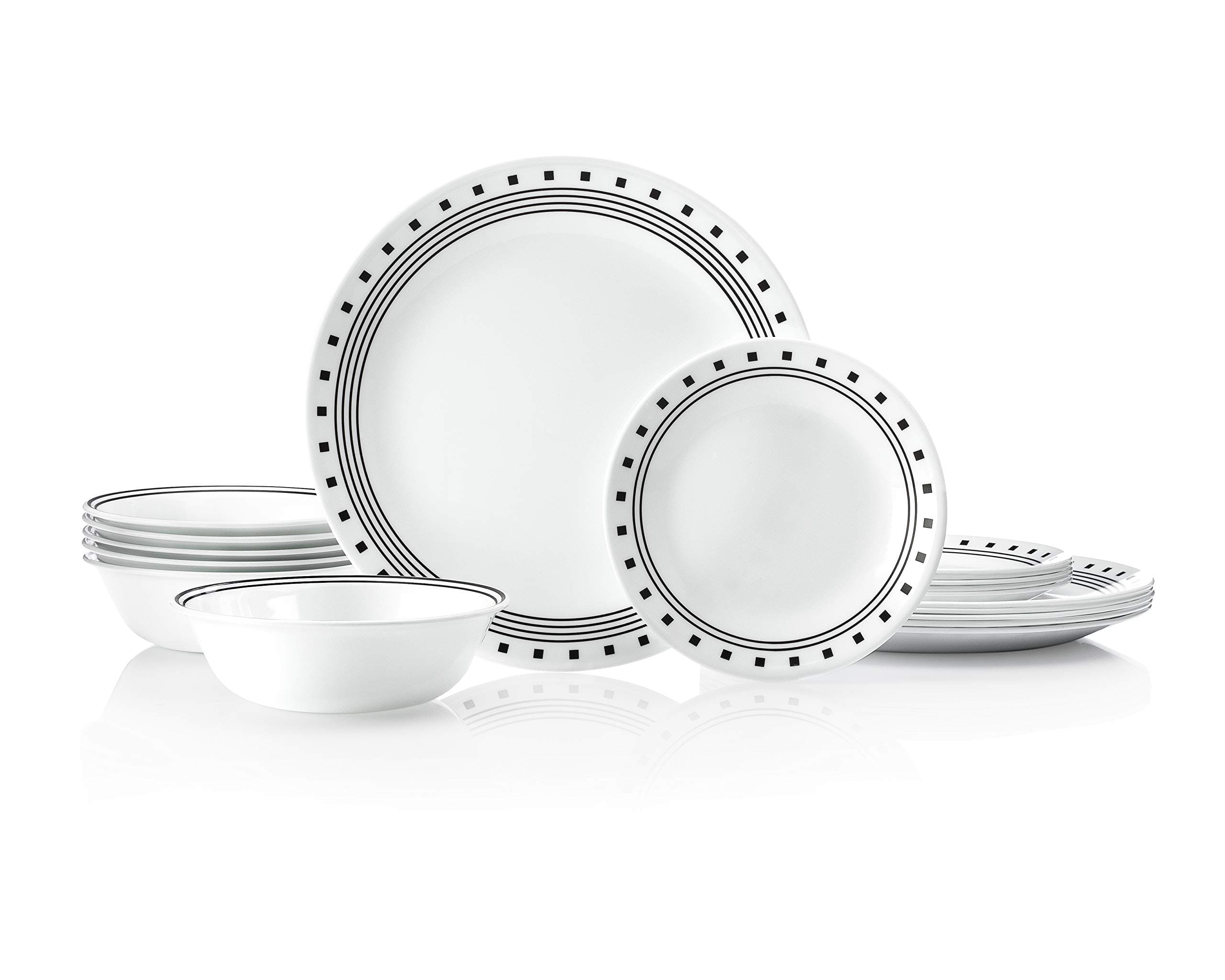Corelle Vitrelle 18-Piece Service for 6 Dinnerware Set Triple Layer Glass and Chip Resistant, Lightweight Round Plates and Bowls Set, City Block