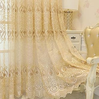 Amidoudou 1 Pair European Jacquard Sheer Curtains Embroidered Tulle Curtains Living Room Bedroom Luxury Translucent Curtains (Gold,51x90 Inch)