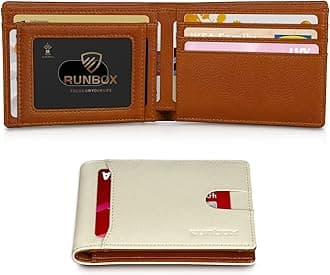 RUNBOX Slim Wallet for Men Minimalist Leather Bifold RFID Blocking with Gift Box White & Brown