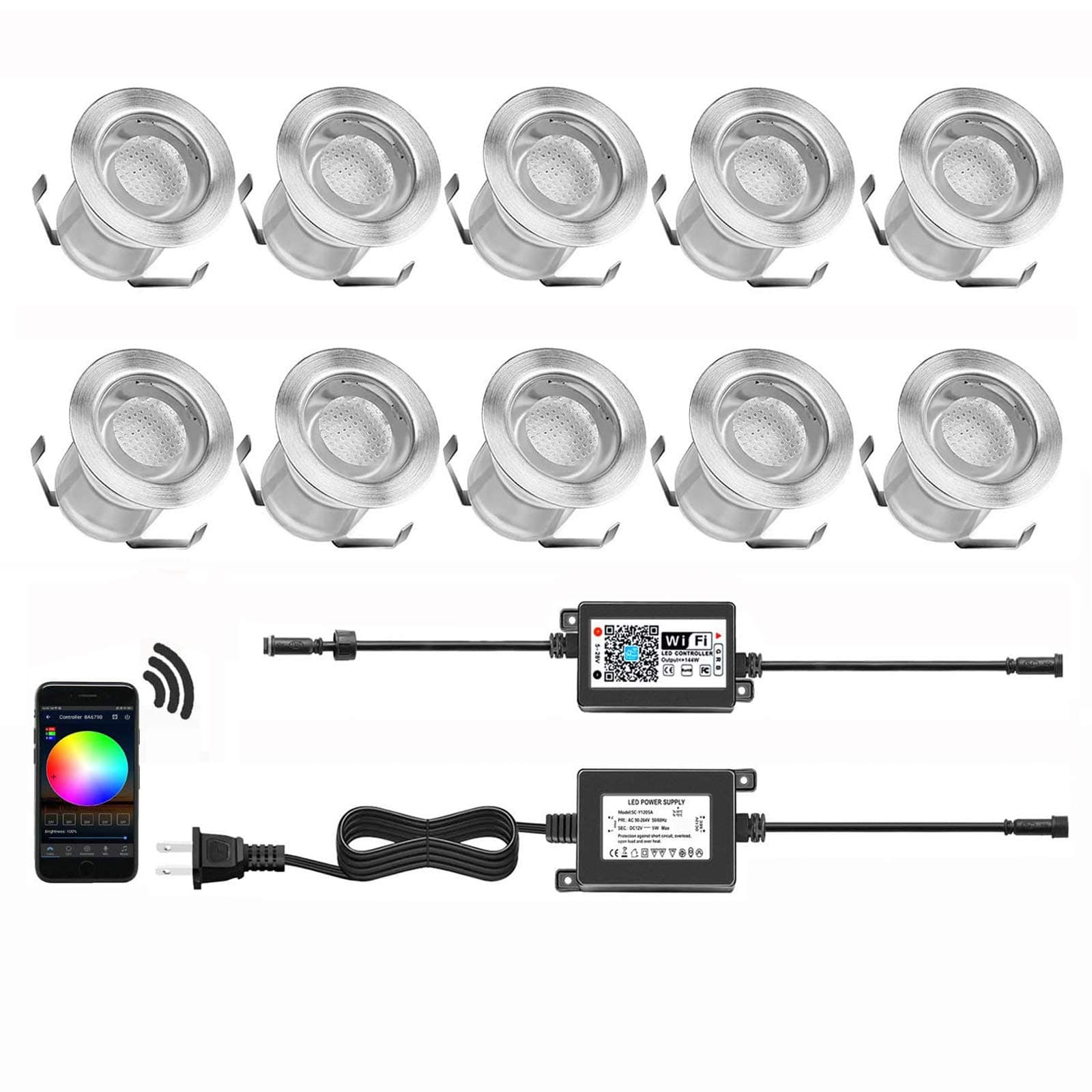 10 Pack WiFi Controlled LED Deck Lights, Multi Color Outdoor IP67 Waterproof In-Ground Lights, Smart Phone APP Controlled, Compatible with Alexa Echo and Google Home