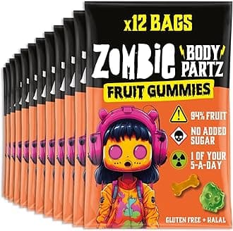 Zombie No Added Sugar Sweets, Fruit Gummies (12 Bags), 94% Fruit, Vegan, Healthy Snacks for Adults, Kids, Low Calorie, Gluten Free, Halal, Bulk, Jelly, Tub, Vegetarian, Party Bags, Gummy, Multipack