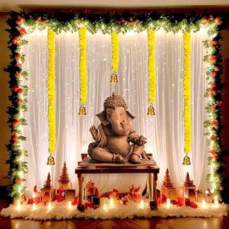 Ganesh Chaturthi Decoration Set for Home Decor with LED Lights, Marigold Garlands with Bells, Backdrop Net Curtain with Ribbon, Hooks | for Ganpati, Diwali (Yellow, 5 Marigold+Bells)