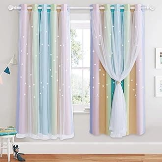 NICETOWN Rainbow Curtains for Kids - Star Cut Out Double Layer Blackout Curtains with Voile Thermal Privacy Protection for Nursery Bedroom Living Room, 2 Panels, W52 x L72 Inch (132x183 cm),Rainbow
