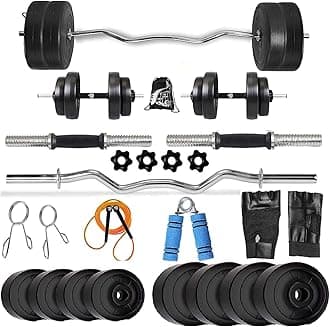 BODYFIT Home Gym Combo Dumbbell Set, Gym Equipments, 3ft Curl Rod + 2 New Model Dumbbell Rods, Weight Plates, Exercise Set, Home Gym Kit. (40Kg Weight Set)