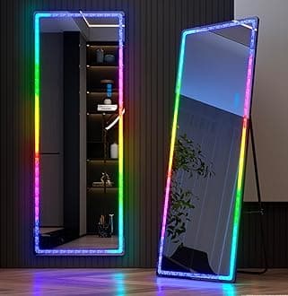 Vlsrka Full Length Mirror With RGB Lights, 63x20 Full Body Lighted With Crushed Diamond, Free Standing Floor LED, Wall Mounted, 7 Color Dimmable & Speed Adjustable (Black)
