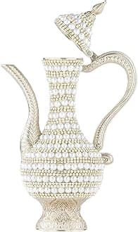 Steel Water Bottle Pitcher with Zirconia Stones | Handmade Metal Carafe Water Tea Coffee Jug Vintage Bottle | Turkish Ottoman Zamzam Pitchers (470 ML / 16 Oz, Pearl and Zirconia, Silver Color)