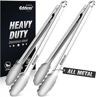 Eddeas 2PCS 12inch Kitchen Tongs - Heat Resistant 600 Degree Tongs for Cooking, Heavy Duty All Metal Food Tongs, Stainless Steel and Non-Slip handle, Salad, Grilling, Barbecue, Dishwasher safe